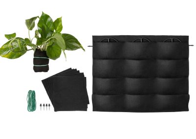 12-pocket Vertical Planter PlantaUp panel with plant and wraps